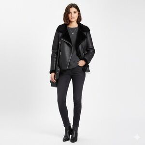 Zara Faux Shearling Moto Jacket XS Black Biker Aviator Belted Women's Coat Edgy